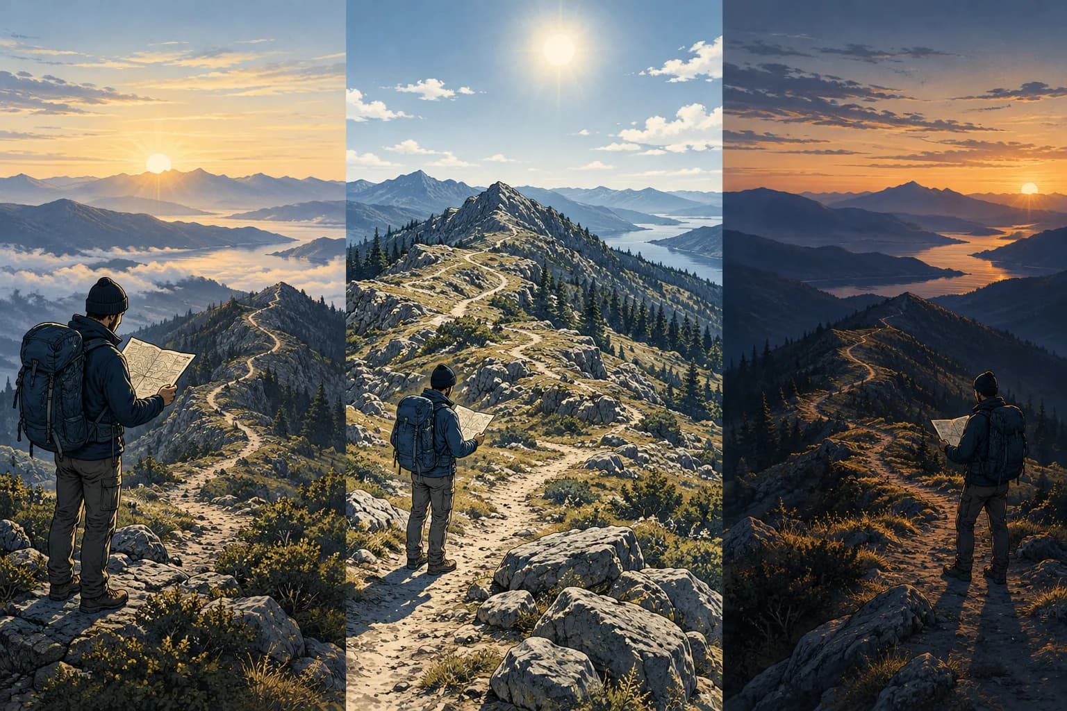 A lone hiker at dawn on a mountain ridge looks at a weathered trail map, with the same trail glimpsed again at noon under harsh sun and at dusk in long shadows, three moments of one route stitched across a single wide landscape, with no text or symbols anywhere.