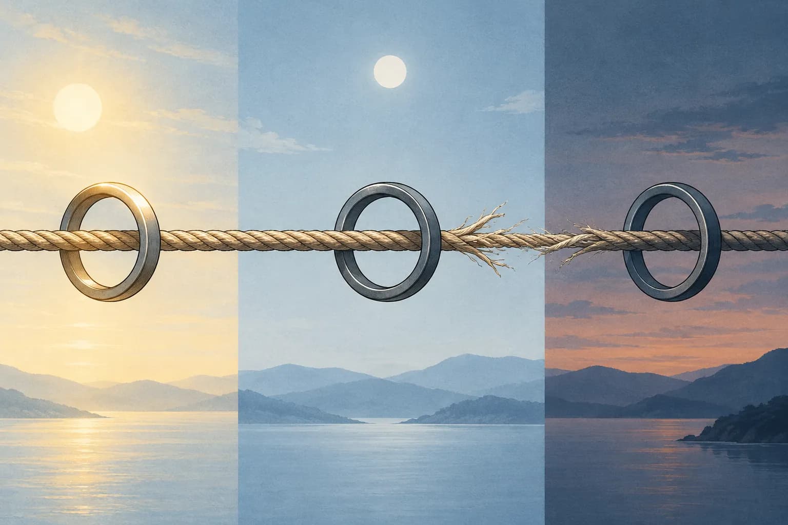 A single thread running horizontally through three linked rings, stretched taut