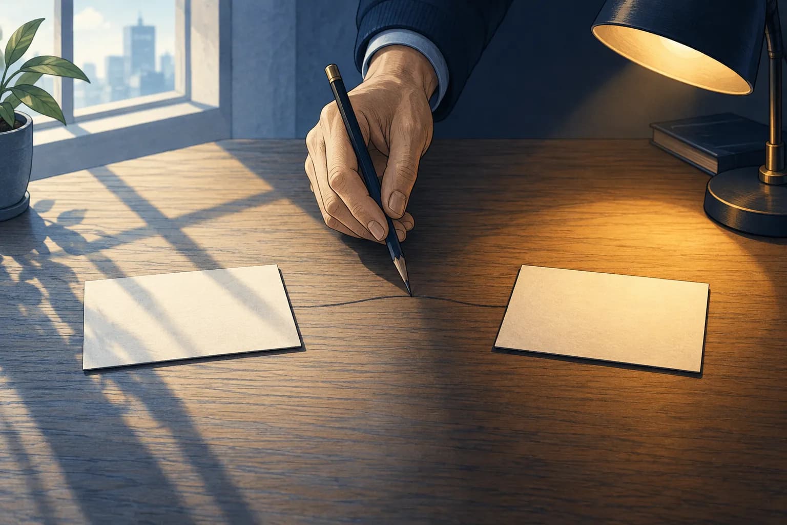 A hand holding a pencil beside two small sketched notes laid side by side, one sunlit, one lamplit