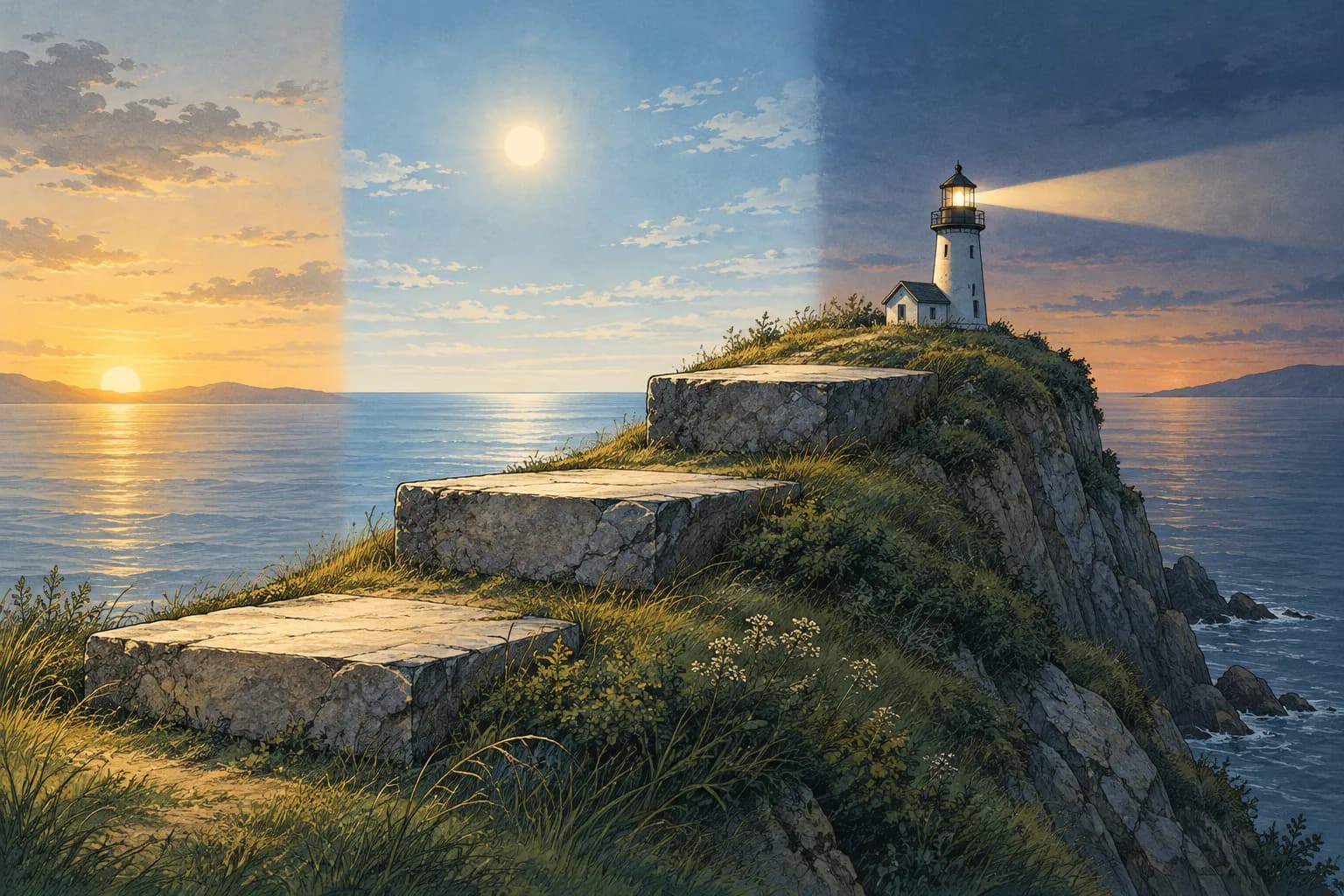 A simple three-step staircase leading toward a small lighthouse on a cliff